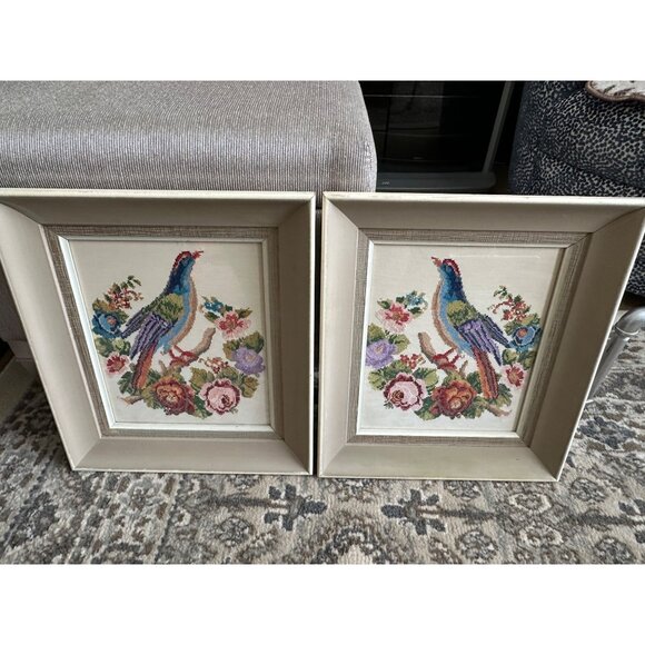 SOLD Antique T. Eaton Co. Pheasant Needlepoint Petit Point Framed Floral - Picture 3 of 8